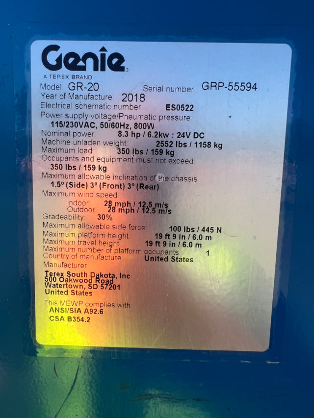 Used 2018 GENIE GR-20 Vertical Mast Boom Lift