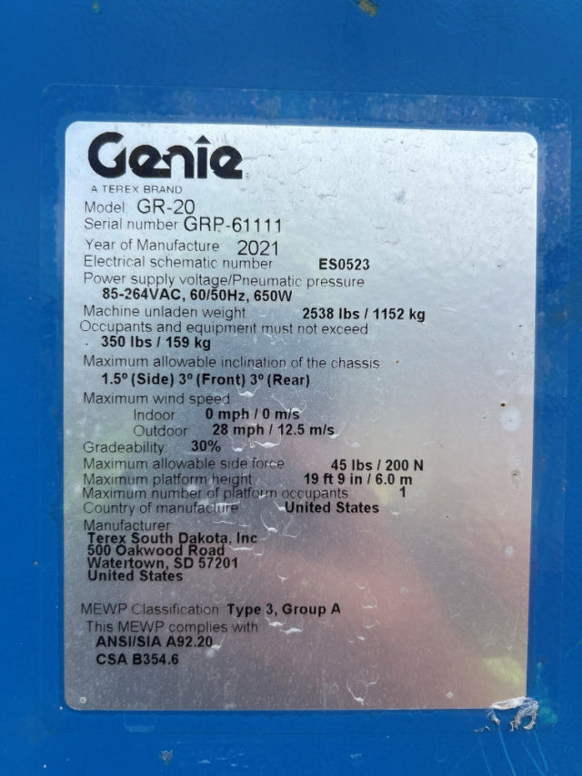 Used 2021 GENIE GR-20 Vertical Mast Boom Lift