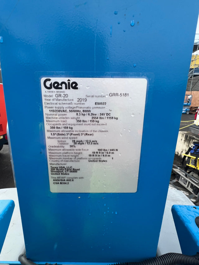 Used 2019 GENIE GR-20 Vertical Mast Boom Lift