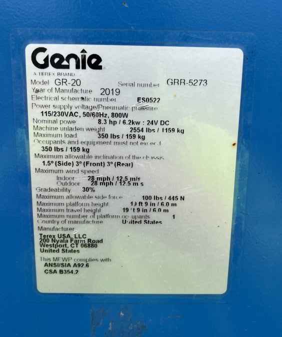 Used 2019 GENIE GR-20 Vertical Mast Boom Lift