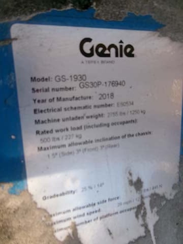 Used 2018 GENIE GS-1930 Scissor Lift