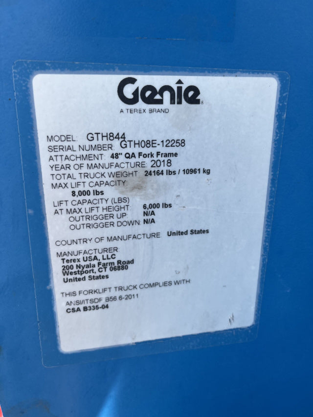 Used 2018 GENIE GTH-844 Telehandler Forklift