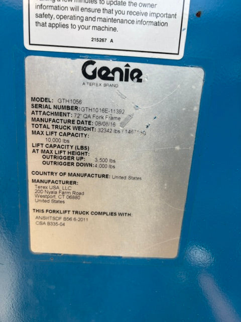 Used 2016 GENIE GTH-1056 Telehandler Forklift