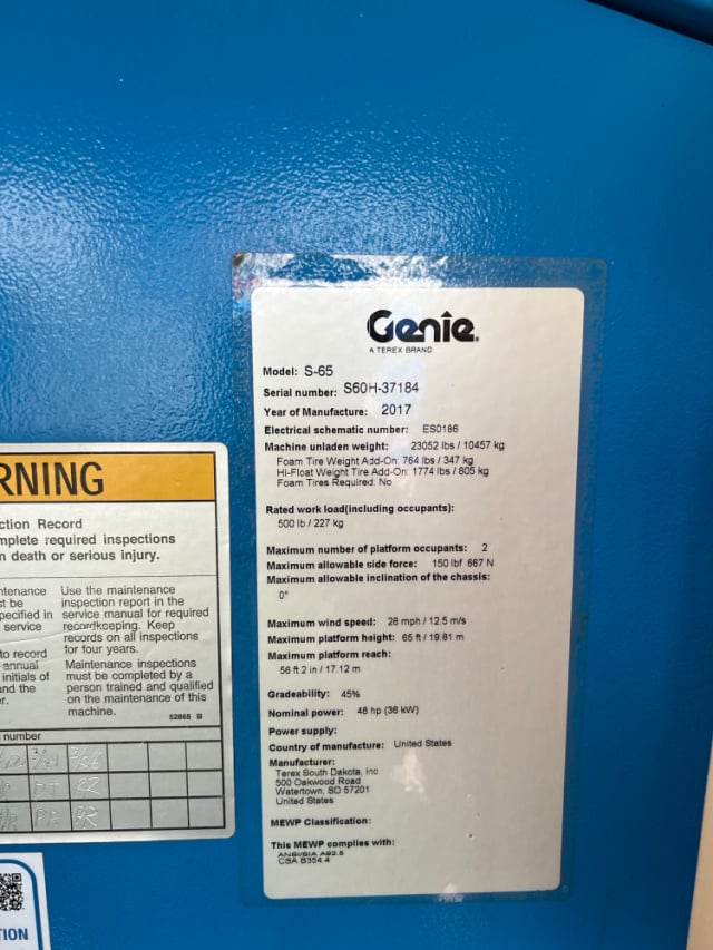 Used 2017 GENIE S-65 Telescopic Boom Lift