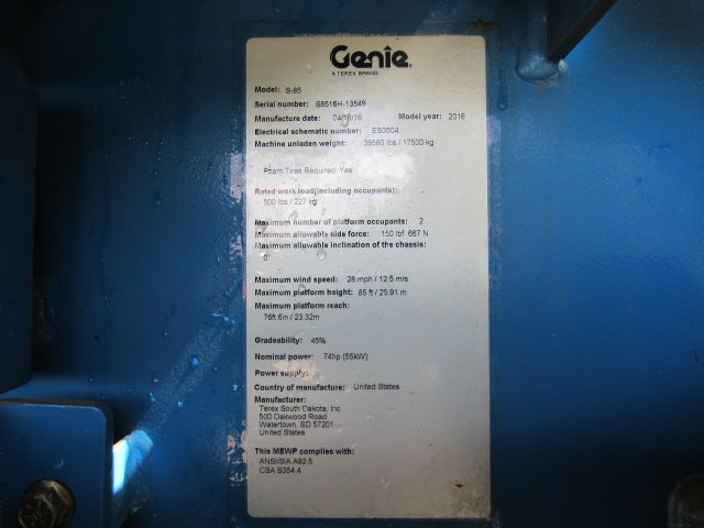 Used 2016 GENIE S-85 Telescopic Boom Lift