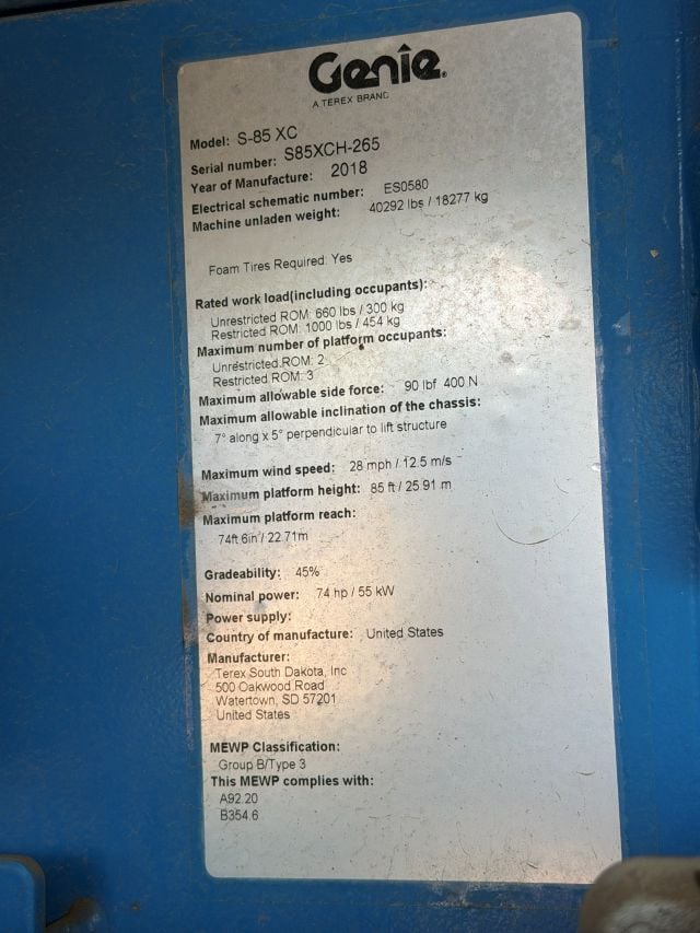 Used 2018 GENIE S-85 XC Telescopic Boom Lift