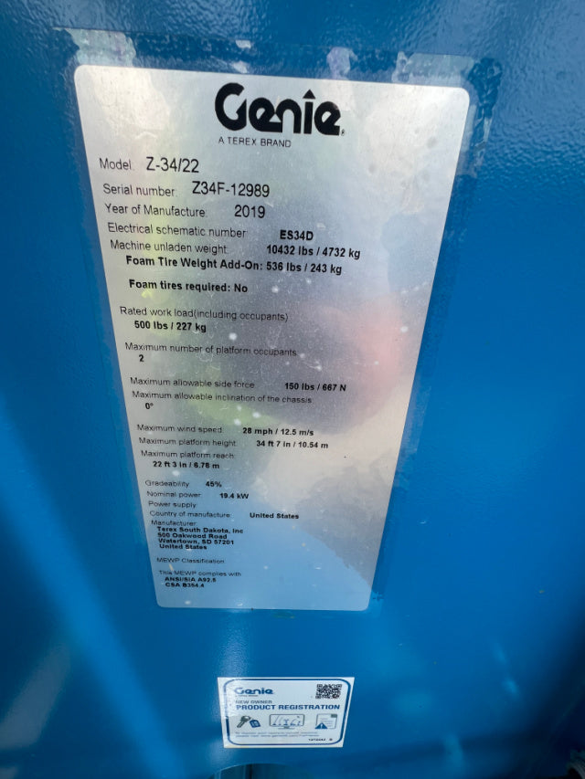 Used 2019 GENIE Z-34/22 RT Articulating Boom Lift