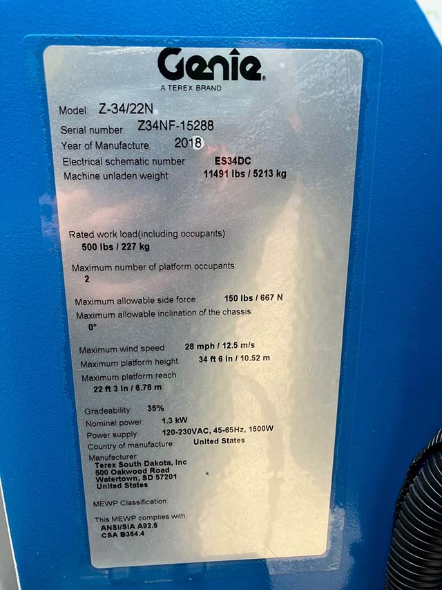Used 2018 GENIE Z-34/22N Articulating Boom Lift
