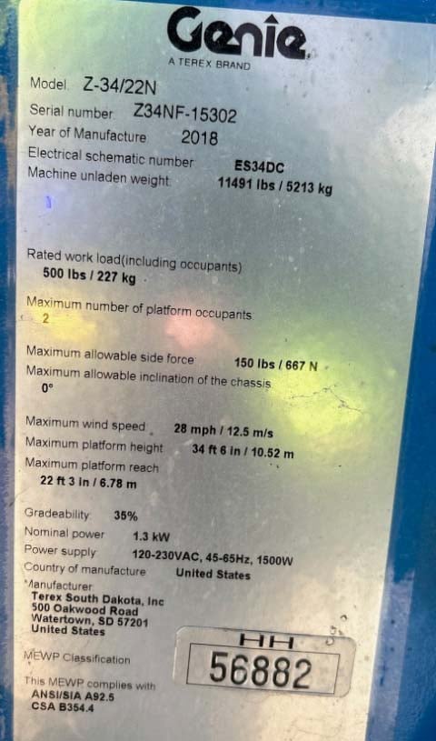 Used 2018 GENIE Z-34/22N Articulating Boom Lift