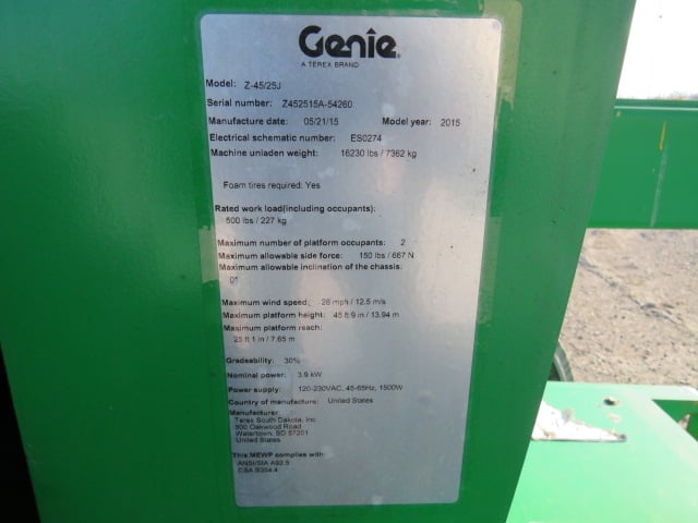 Used 2015 GENIE Z-45/25J DC Articulating Boom Lift