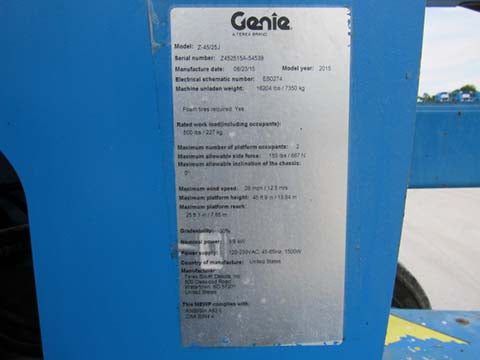 Used 2015 GENIE Z-45/25J DC Articulating Boom Lift