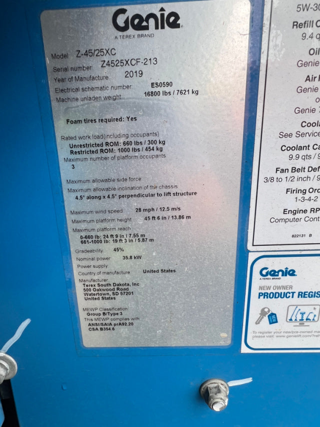 Used 2019 GENIE Z-45 XC Articulating Boom Lift