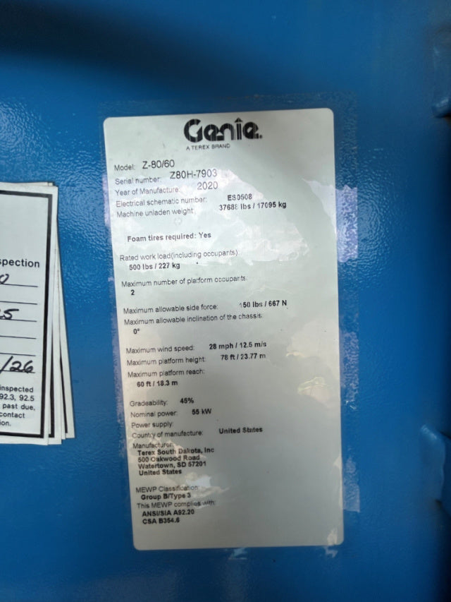 Used 2020 GENIE Z-80/60 Articulating Boom Lift